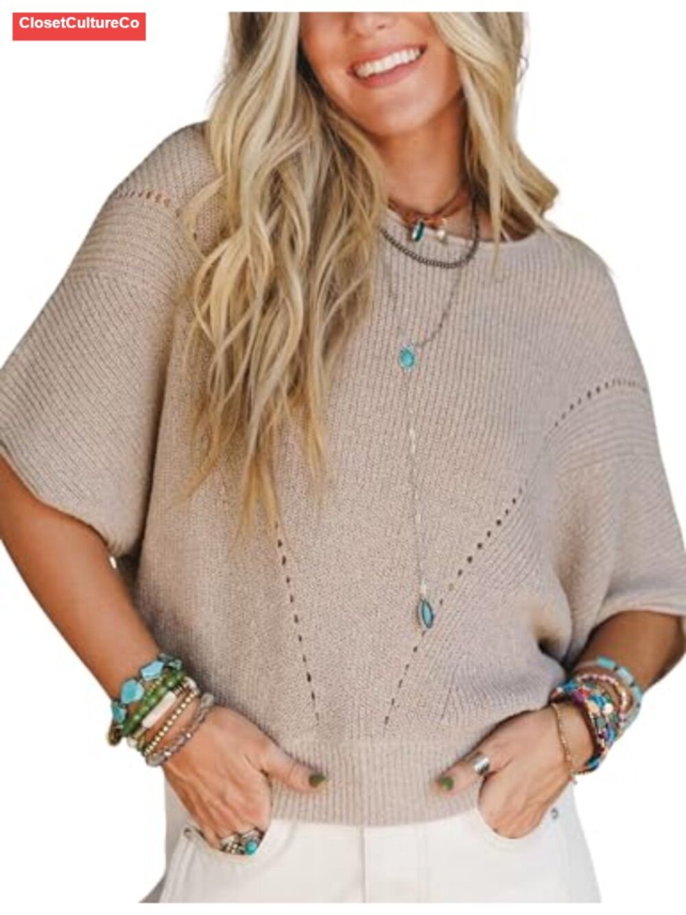 Womens Knit Sweater Top Half Batwing Sleeve Crew Neck Pullover Loose Casual